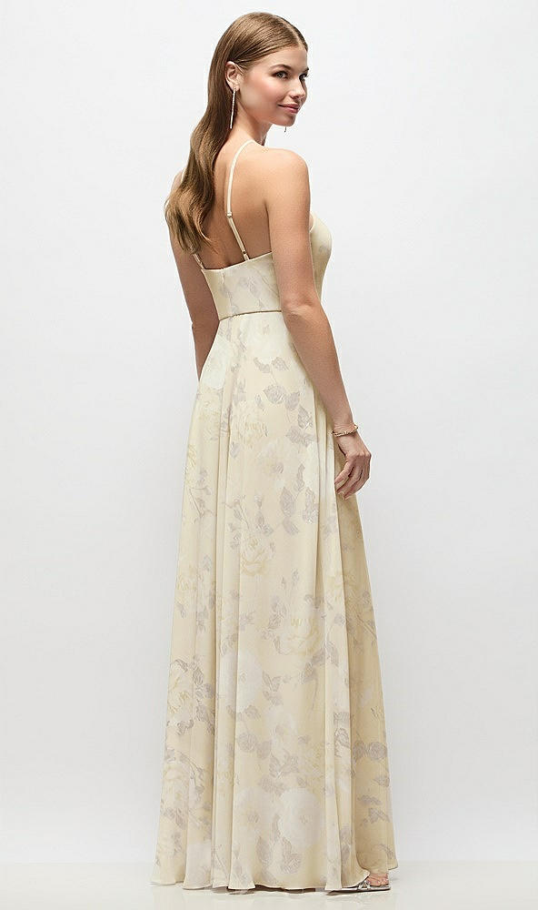 Back View - Butter Yellow Floral High-Neck Halter Floral Chiffon Maxi Dress with Adjustable Spaghetti Straps