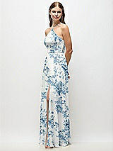 Side View Thumbnail - Cottage Rose Dusk Blue High-Neck Halter Floral Chiffon Maxi Dress with Adjustable Spaghetti Straps