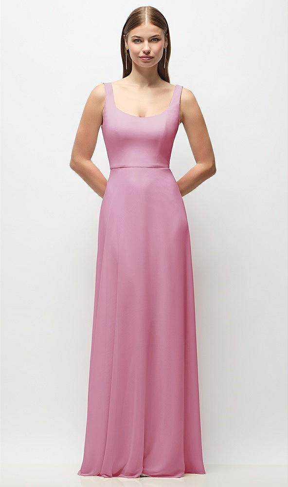 Front View - Powder Pink Scoop Neck Tank Strap Chiffon Maxi Dress