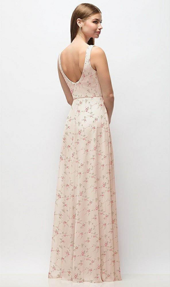 Back View - Coquette Floral Print Scoop Neck Tank Strap Floral Chiffon Maxi Dress