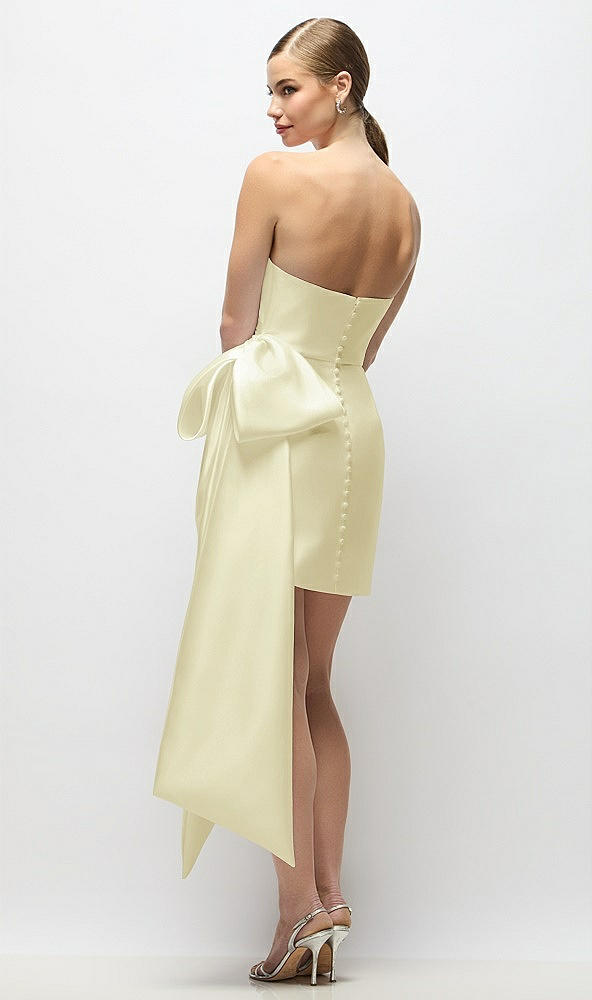 Back View - Butter Yellow Strapless Pleated Draped Satin Mini Dress with Dramatic Long Tail Bow & Covered Buttons