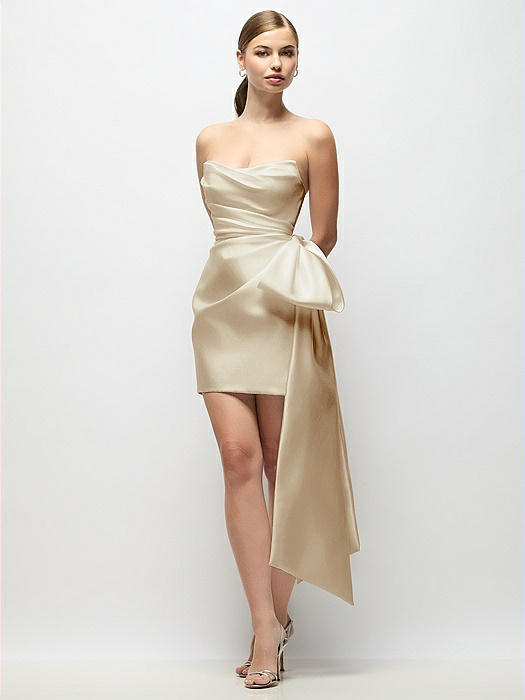 Strapless Pleated Draped Satin Mini Dress with Dramatic Long Tail Bow & Covered Buttons