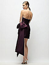 Rear View Thumbnail - Deep Plum Strapless Pleated Draped Satin Mini Dress with Dramatic Long Tail Bow & Covered Buttons