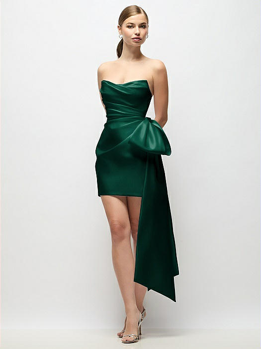 Strapless Pleated Draped Satin Mini Dress with Dramatic Long Tail Bow & Covered Buttons