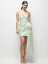 Alt View 1 Thumbnail - Mint Green Strapless Pleated Draped Satin Mini Dress with Dramatic Long Tail Bow & Covered Buttons