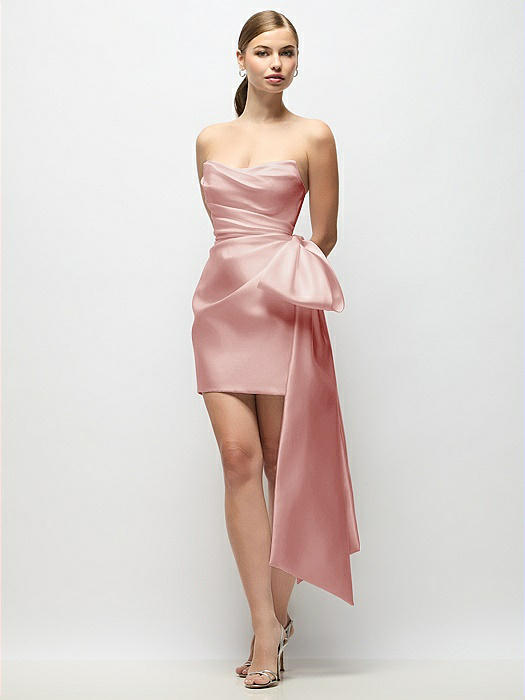 Strapless Pleated Draped Satin Mini Dress with Dramatic Long Tail Bow & Covered Buttons