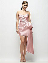 Alt View 1 Thumbnail - Ballet Pink Strapless Pleated Draped Satin Mini Dress with Dramatic Long Tail Bow & Covered Buttons