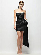 Alt View 1 Thumbnail - Black Strapless Pleated Draped Satin Mini Dress with Dramatic Long Tail Bow & Covered Buttons