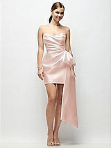 Alt View 1 Thumbnail - Blush Strapless Pleated Draped Satin Mini Dress with Dramatic Long Tail Bow & Covered Buttons