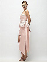Side View Thumbnail - Blush Strapless Pleated Draped Satin Mini Dress with Dramatic Long Tail Bow & Covered Buttons