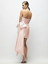 Rear View Thumbnail - Blush Strapless Pleated Draped Satin Mini Dress with Dramatic Long Tail Bow & Covered Buttons