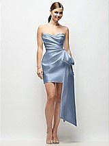 Alt View 1 Thumbnail - Cloudy Strapless Pleated Draped Satin Mini Dress with Dramatic Long Tail Bow & Covered Buttons