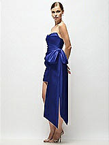 Side View Thumbnail - Cobalt Blue Strapless Pleated Draped Satin Mini Dress with Dramatic Long Tail Bow & Covered Buttons