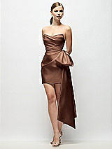 Front View Thumbnail - Cognac Strapless Pleated Draped Satin Mini Dress with Dramatic Long Tail Bow & Covered Buttons