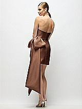 Rear View Thumbnail - Cognac Strapless Pleated Draped Satin Mini Dress with Dramatic Long Tail Bow & Covered Buttons