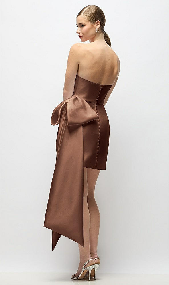 Back View - Cognac Strapless Pleated Draped Satin Mini Dress with Dramatic Long Tail Bow & Covered Buttons