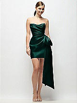 Alt View 1 Thumbnail - Evergreen Strapless Pleated Draped Satin Mini Dress with Dramatic Long Tail Bow & Covered Buttons