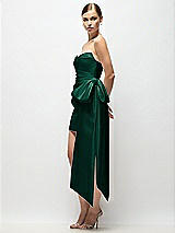 Side View Thumbnail - Hunter Green Strapless Pleated Draped Satin Mini Dress with Dramatic Long Tail Bow & Covered Buttons