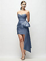 Front View Thumbnail - Larkspur Blue Strapless Pleated Draped Satin Mini Dress with Dramatic Long Tail Bow & Covered Buttons