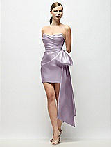 Front View Thumbnail - Lilac Haze Strapless Pleated Draped Satin Mini Dress with Dramatic Long Tail Bow & Covered Buttons