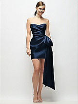 Alt View 1 Thumbnail - Midnight Navy Strapless Pleated Draped Satin Mini Dress with Dramatic Long Tail Bow & Covered Buttons