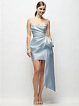 Alt View 1 Thumbnail - Mist Strapless Pleated Draped Satin Mini Dress with Dramatic Long Tail Bow & Covered Buttons