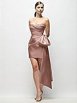 Front View Thumbnail - Neu Nude Strapless Pleated Draped Satin Mini Dress with Dramatic Long Tail Bow & Covered Buttons