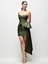 Front View Thumbnail - Olive Green Strapless Pleated Draped Satin Mini Dress with Dramatic Long Tail Bow & Covered Buttons