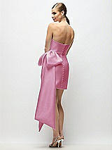 Rear View Thumbnail - Powder Pink Strapless Pleated Draped Satin Mini Dress with Dramatic Long Tail Bow & Covered Buttons