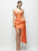 Alt View 1 Thumbnail - Portofino Orange Strapless Pleated Draped Satin Mini Dress with Dramatic Long Tail Bow & Covered Buttons