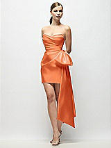 Front View Thumbnail - Portofino Orange Strapless Pleated Draped Satin Mini Dress with Dramatic Long Tail Bow & Covered Buttons