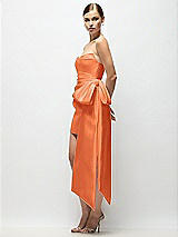 Side View Thumbnail - Portofino Orange Strapless Pleated Draped Satin Mini Dress with Dramatic Long Tail Bow & Covered Buttons