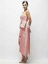 Side View Thumbnail - Rose Strapless Pleated Draped Satin Mini Dress with Dramatic Long Tail Bow & Covered Buttons