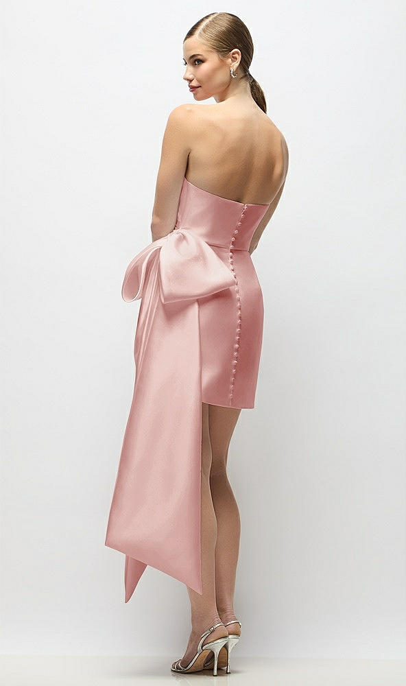 Back View - Rose Strapless Pleated Draped Satin Mini Dress with Dramatic Long Tail Bow & Covered Buttons