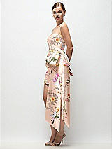 Side View Thumbnail - Butterfly Botanica Pink Sand Strapless Pleated Draped Floral Satin Mini Dress with Dramatic Long Tail Bow & Covered Buttons