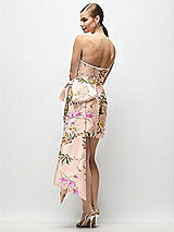 Rear View Thumbnail - Butterfly Botanica Pink Sand Strapless Pleated Draped Floral Satin Mini Dress with Dramatic Long Tail Bow & Covered Buttons