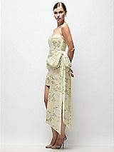 Side View Thumbnail - Butter Yellow Floral Strapless Pleated Draped Floral Satin Mini Dress with Dramatic Long Tail Bow & Covered Buttons