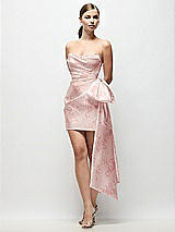 Front View Thumbnail - Bow And Blossom Print Strapless Pleated Draped Floral Satin Mini Dress with Dramatic Long Tail Bow & Covered Buttons