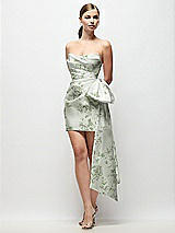 Front View Thumbnail - Sage Cottage Rose Strapless Pleated Draped Floral Satin Mini Dress with Dramatic Long Tail Bow & Covered Buttons