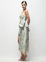Side View Thumbnail - Sage Cottage Rose Strapless Pleated Draped Floral Satin Mini Dress with Dramatic Long Tail Bow & Covered Buttons