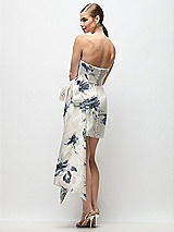 Rear View Thumbnail - Inkwash Blue Floral Strapless Pleated Draped Floral Satin Mini Dress with Dramatic Long Tail Bow & Covered Buttons