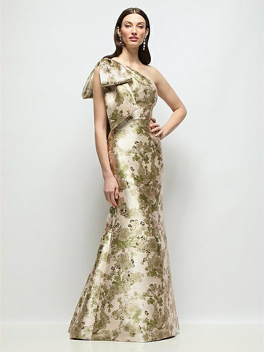 Bow One-Shoulder Abstract Floral Jacquard Maxi Dress with Trumpet Skirt
