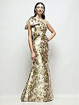 Front View Thumbnail - Peridot Blush Bow One-Shoulder Abstract Floral Jacquard Maxi Dress with Trumpet Skirt