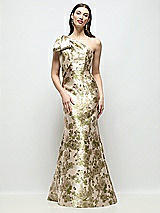 Side View Thumbnail - Peridot Blush Bow One-Shoulder Abstract Floral Jacquard Maxi Dress with Trumpet Skirt