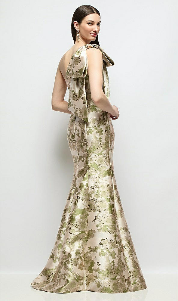 Back View - Peridot Blush Bow One-Shoulder Abstract Floral Jacquard Maxi Dress with Trumpet Skirt