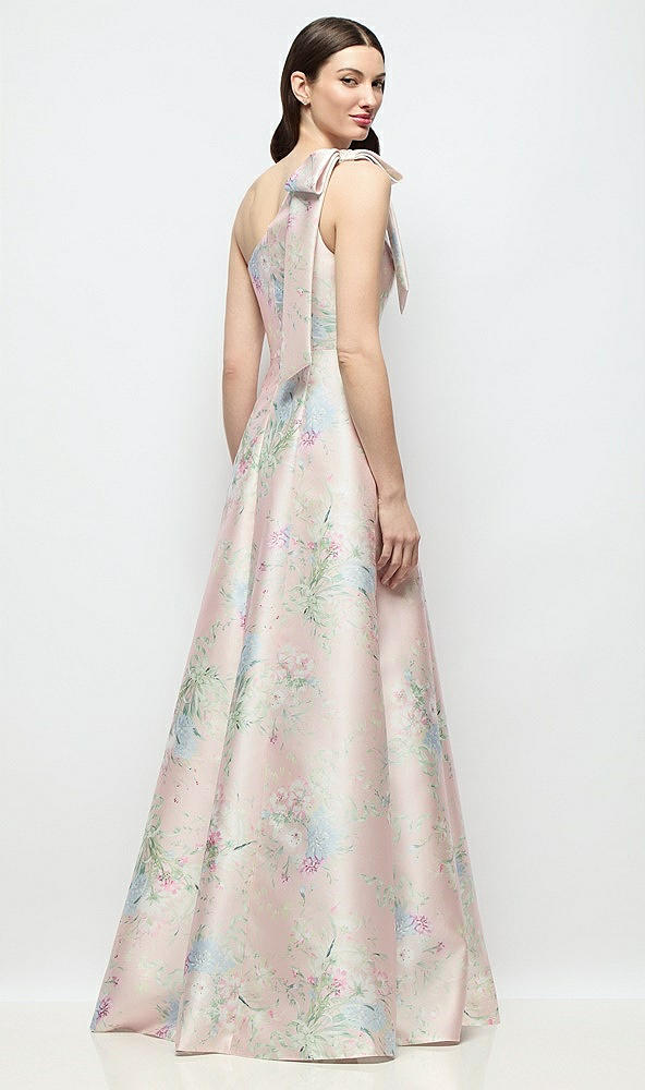 Back View - Esme Floral Bow One-Shoulder Full A-Line Esme Floral Satin Maxi Dress