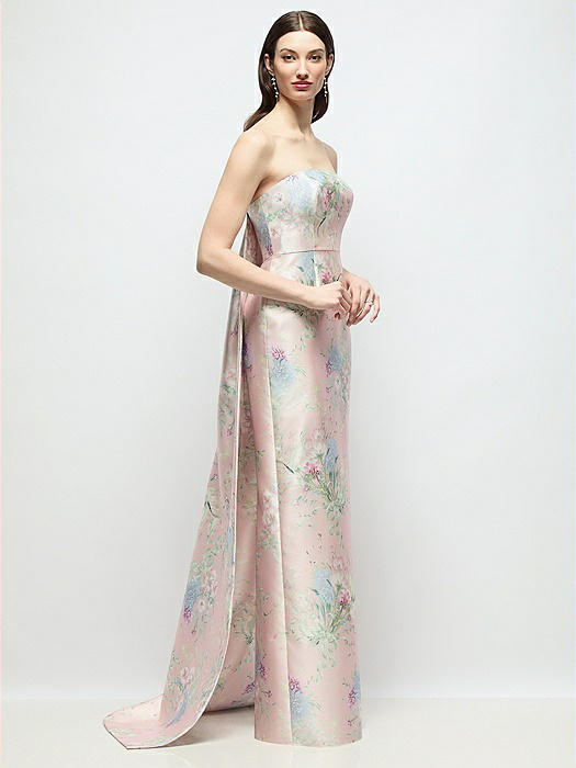 Strapless Esme Floral Satin Column Dress with Removable Watteau Train