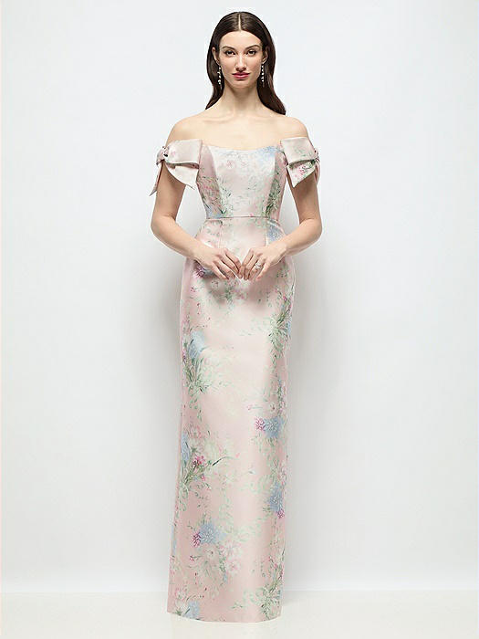 Basque-Neck Esme Floral Satin Column Maxi Dress with Off-the-Shoulder Bows