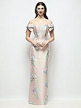Front View Thumbnail - Esme Floral Basque-Neck Esme Floral Satin Column Maxi Dress with Off-the-Shoulder Bows