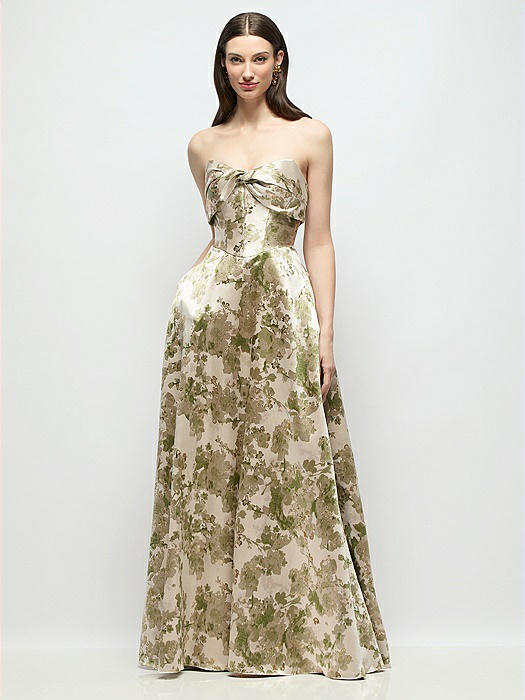 Strapless Twist Cuff Neck Abstract Floral Jacquard Maxi Dress with Full Skirt